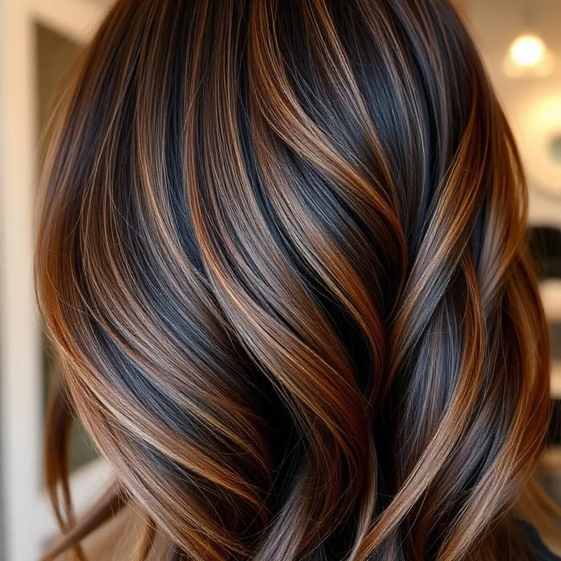 Caramel balayage on dark hair Rochester NY