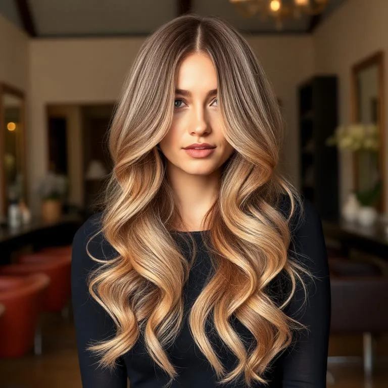 Honey blonde balayage on long wavy hair Rochester NY
