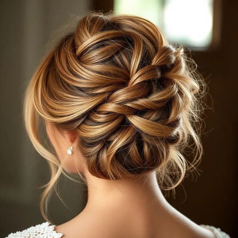 Textured messy bun wedding updo Rochester NY