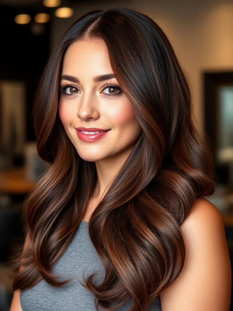 Chocolate brown hair color with caramel lowlights Rochester NY