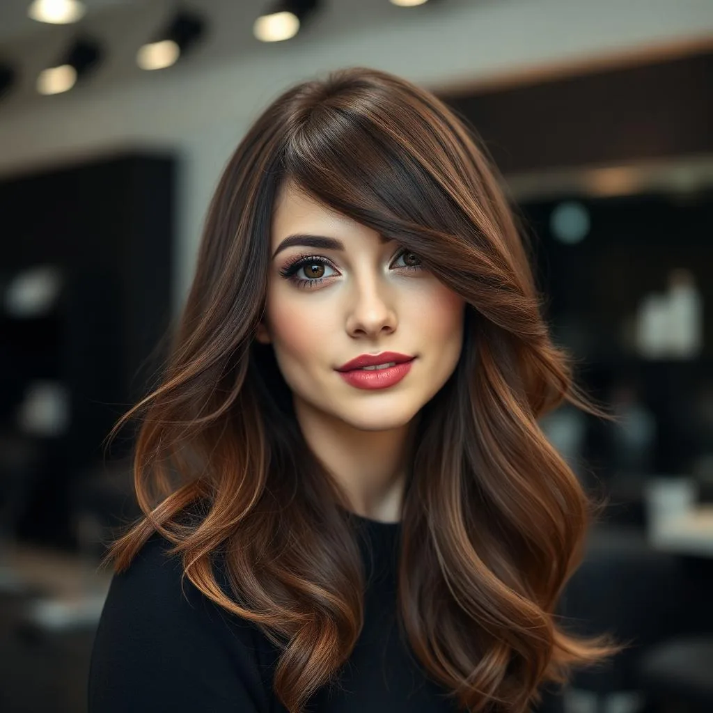 Long layered haircut with side bangs Rochester NY