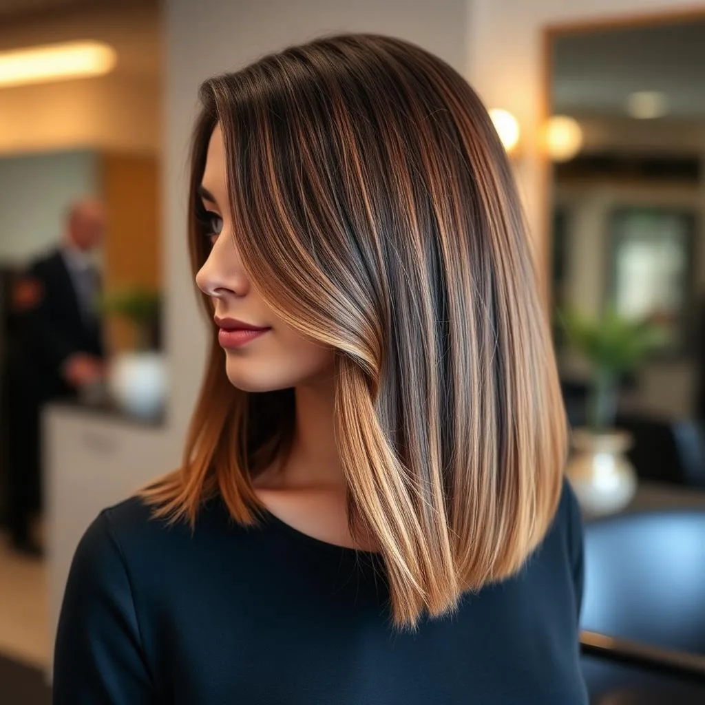 Sleek lob haircut with highlights Rochester NY